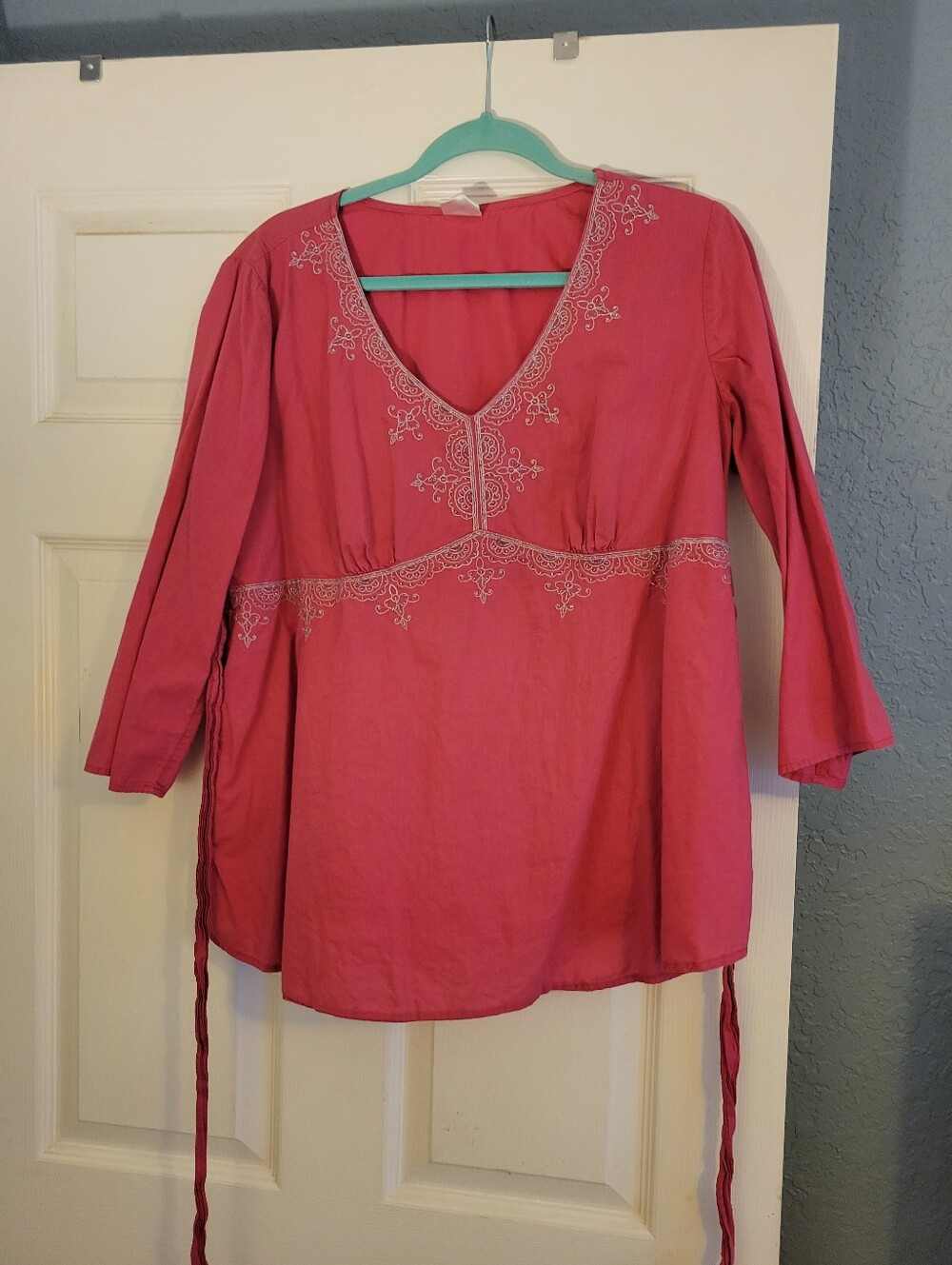 Motherhood Fuchsia Pink Peasant Blouse Silver Metallic & Bead Embroidery Size L